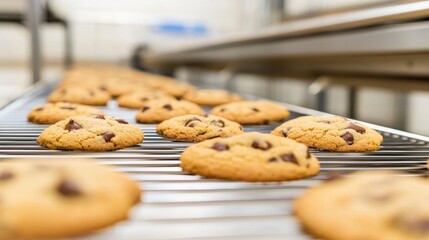 Freshly baked chocolate chip cookies cooling on a conveyor rack in a bakery, showcasing their golden-brown color and delicious texture.