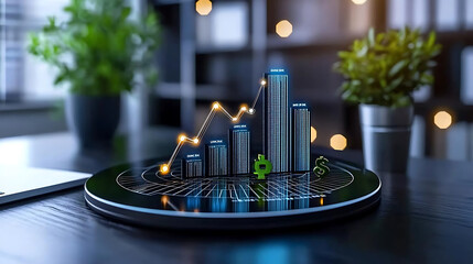 holographic business dashboard displaying financial growth with bar graphs, dollar signs, and plants in modern office setting. scene conveys innovation and success