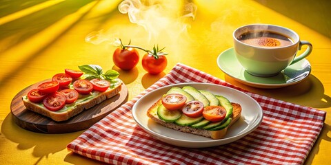 A sunny morning breakfast featuring avocado toast with sliced tomatoes and cucumbers, served alongside a steaming cup of coffee on a checkered tablecloth.