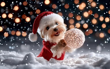 A festive dog in a Santa hat holds a glowing ornament in a snowy landscape, surrounded by colorful bokeh lights.