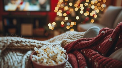 Relaxation time on the couch with blankets and popcorn, watching holiday movies and enjoying cozy moments by the Christmas tree.