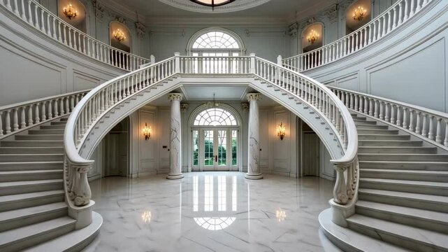 Video footage of grand foyer with a double staircase, marble floors, and large arched windows, exuding luxury and sophistication