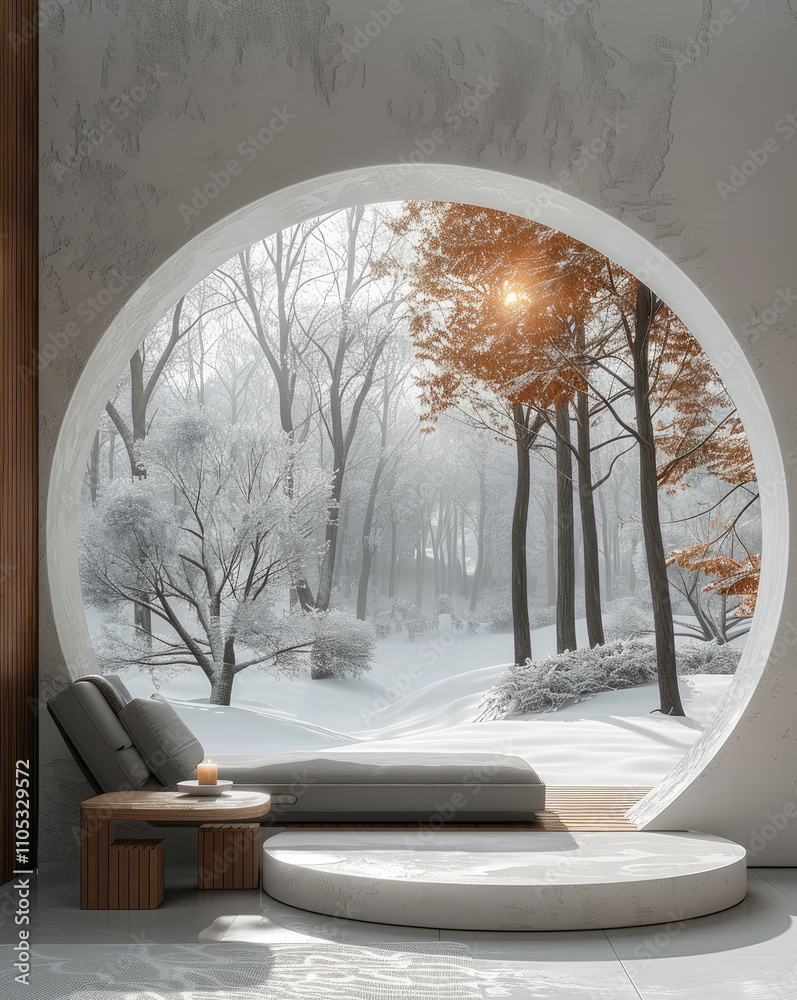 Poster Minimalist style, a simple and elegant space background wall design with circular arches. A minimalist landscape painting of trees on the ground in winter is displayed inside an arched circle.