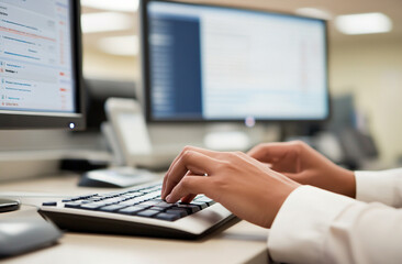 Close-up of a computer screen showing call metrics and data, with an agent’s hands on a keyboard in the foreground