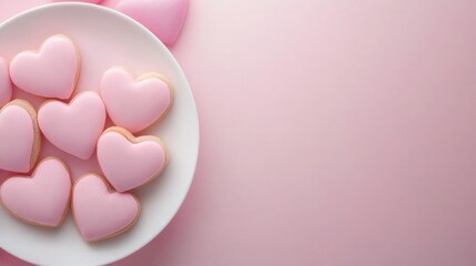 Heart-shaped pink cookies on a white plate against a soft pink background, AI