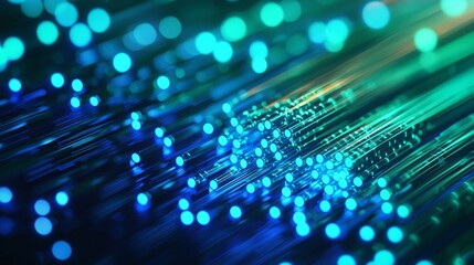 fiber optic installation concept. Abstract digital lights creating a vibrant, flowing effect with blue and green hues.