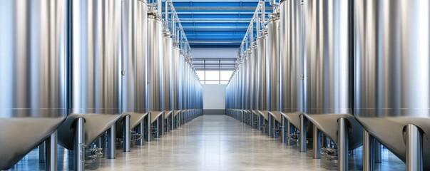 A modern industrial space featuring rows of metallic columns, creating an organized and expansive environment with a blue ceiling.