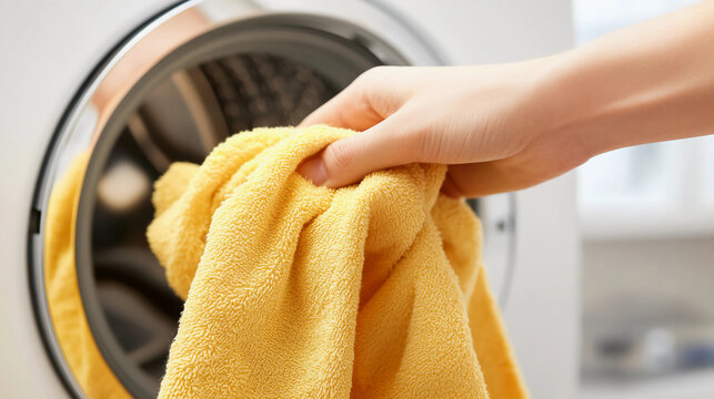 A hand holds a yellow towel as it is placed into a washing machine, symbolizing the process of laundry and cleanliness.