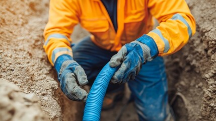 fiber optic installation concept. Construction worker handling a blue hose in a trench with a focus on safety gear and environment.