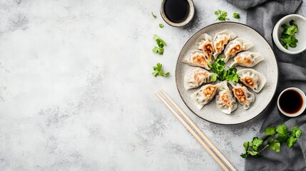Delicious asian dumplings on rustic plate with soy sauce and cilantro.
