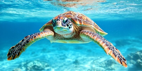 Fototapeta premium A detailed closeup of a stunning aquatic turtle gracefully swimming in clear blue waters, showcasing the beauty and elegance of aquatic turtles in their natural habitat.