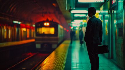 Japanese businessman standing at a subway platform, dressed in a sleek suit with a tie, holding a briefcase.