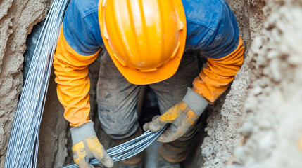 fiber optic installation concept. Construction worker in a trench handling cables with safety gear on.