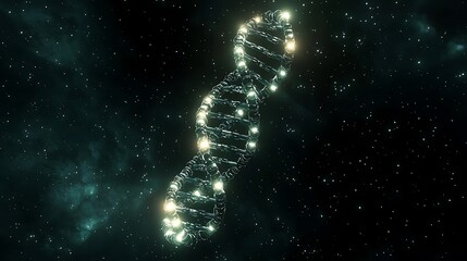 Obraz premium A luminous DNA strand spirals through a dark cosmic space, symbolizing the connection between life and the universe.