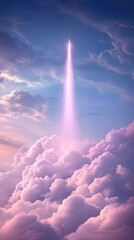 A beam of light pierces through fluffy pink clouds in a serene sky, AI