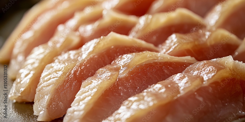Poster close up of fresh sliced chicken fillet, showcasing raw chicken meat as it is prepared for cooking, 