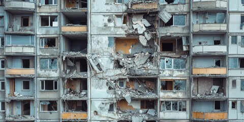 Damaged apartments in a building impacted by a downed rocket, featuring shattered windows. The missile strike has led to the significant destruction of this multi storey apartment complex.