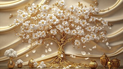 Golden tree with white flowers. Luxury 3D floral design. Elegant wallpaper design. Decorative tree with rich gold color. White petals, flowers spread around. Luxury home decor. Art deco style. Modern
