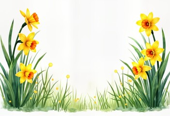 Obraz premium Watercolor illustration of narcissus flowers, green grass. Spring daffodils with yellow, orange blooms. Floral frame, border design. Fresh spring flowers in meadow. Spring nature scene. Botanical