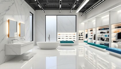 A spa-like bathroom with marble walls and a freestanding white soaking tub placed against a backdrop of full-height windows