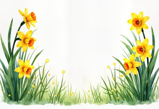 Watercolor illustration of narcissus flowers, green grass. Spring daffodils with yellow, orange blooms. Floral frame, border design. Fresh spring flowers in meadow. Spring nature scene. Botanical