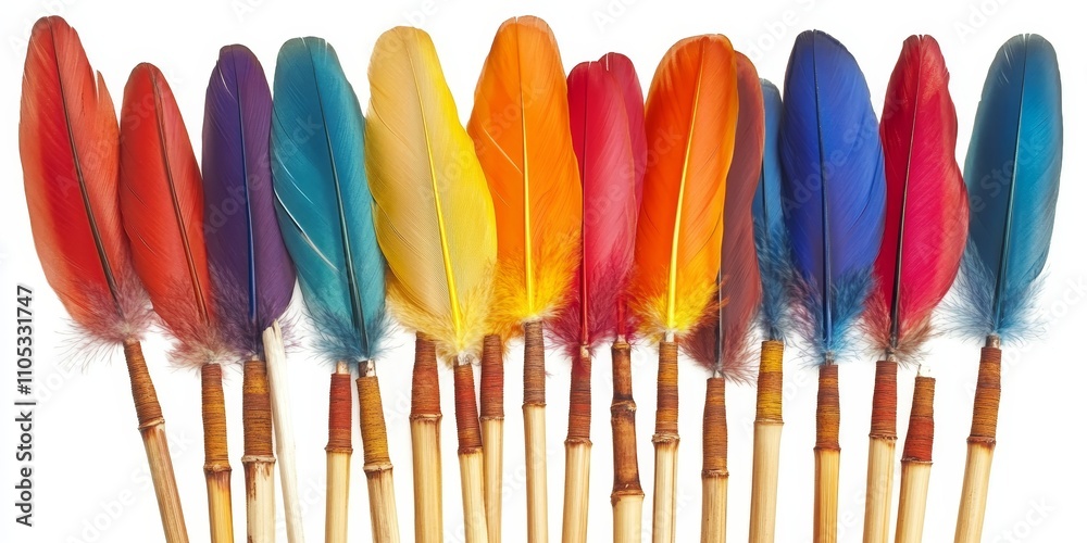 Poster Colorful feathers attached to bamboo sticks create a vibrant display. These bamboo sticks adorned with colorful feathers add a lively touch to any creative project or artistic endeavor.