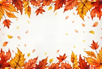 Fototapeta premium Autumnal leaves create colorful border with watercolor effect. Falling leaves in various shades of orange red, yellow adorn edges. Vibrant autumnal colors fill frame creating seamless pattern