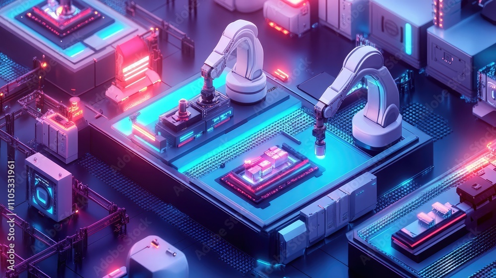Poster smart factory filled with robotic systems assembling futuristic products dynamic industrial automati