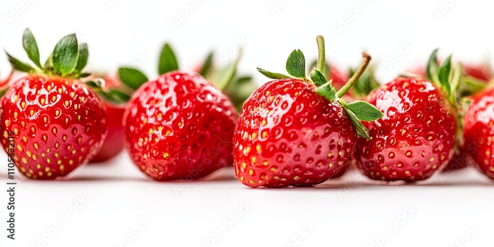 Poster close up view of fresh strawberries resting on a white background, showcasing the vibrant color and 