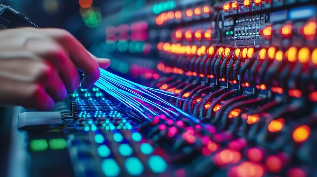 fiber optic installation concept. Close-up of colorful lights and hand operating a sound mixing console.