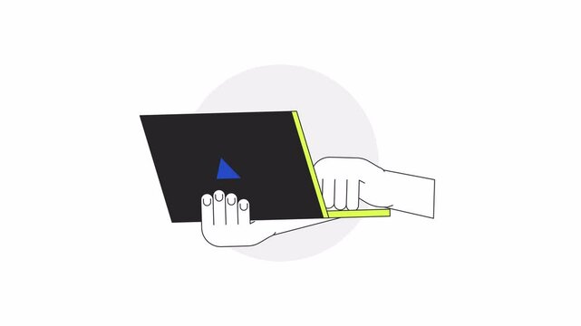 Typing on laptop keyboard cartoon animation. Clicking notebook 4K video motion graphic. Using computer device. Remote job, programming. Freelance gadget animated 2D hand isolated on white background