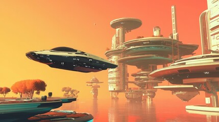 Spaceship approaching a futuristic, multi-layered space station