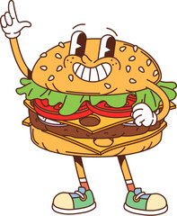 Cartoon groovy fast food burger happy character. Fast food restaurant meal cheerful mascot, funny 60s 70s cartoon isolated vector character. Takeaway cafe snack or hamburger happy groovy personage