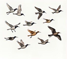 Obraz premium Flock of birds in flight. Watercolor illustration of birds flying in sky. Variety of bird species in different shades of gray, brown. Wings spread wide. Sky background plain white. Nature scene.