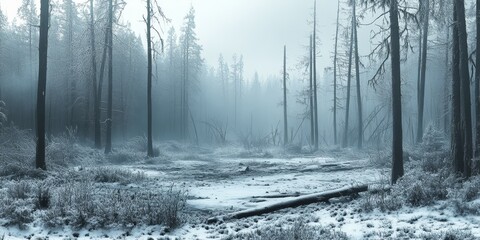 Fototapeta premium Winter in a dying wild forest showcases the stark beauty of nature s struggle, emphasizing the impact of the season on the wild forest and its fragile ecosystem. The dying wild forest tells a powerful