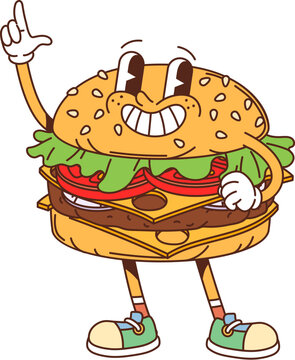 Naklejki Cartoon groovy fast food burger happy character. Fast food restaurant meal cheerful mascot, funny 60s 70s cartoon isolated vector character. Takeaway cafe snack or hamburger happy groovy personage