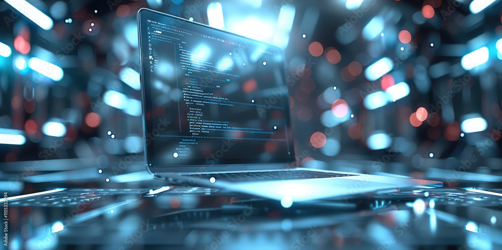 Aufkleber a silver-gray laptop floating around is surrounded by holographic projection of science fiction tech