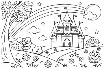 Fototapeta premium Magical Fantasy Coloring Pages with Fairies, Dragons, and Castles
