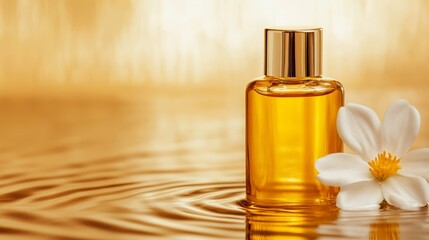 Naklejka premium close up of golden moisturizer in small bottle with copy space.