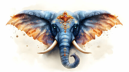 Watercolor Painting of an Elephant's Head Adorned with Gold and Jewels, on a White Background