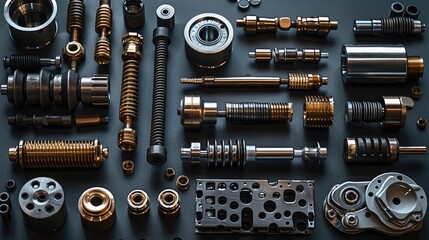 Motorcycle mechanical spare parts on black background. top view.
