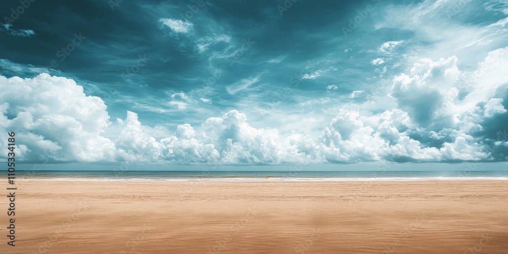 Aufkleber vast empty sand beach under a stunning cloudy sky creates a tranquil scene. this serene landscape of