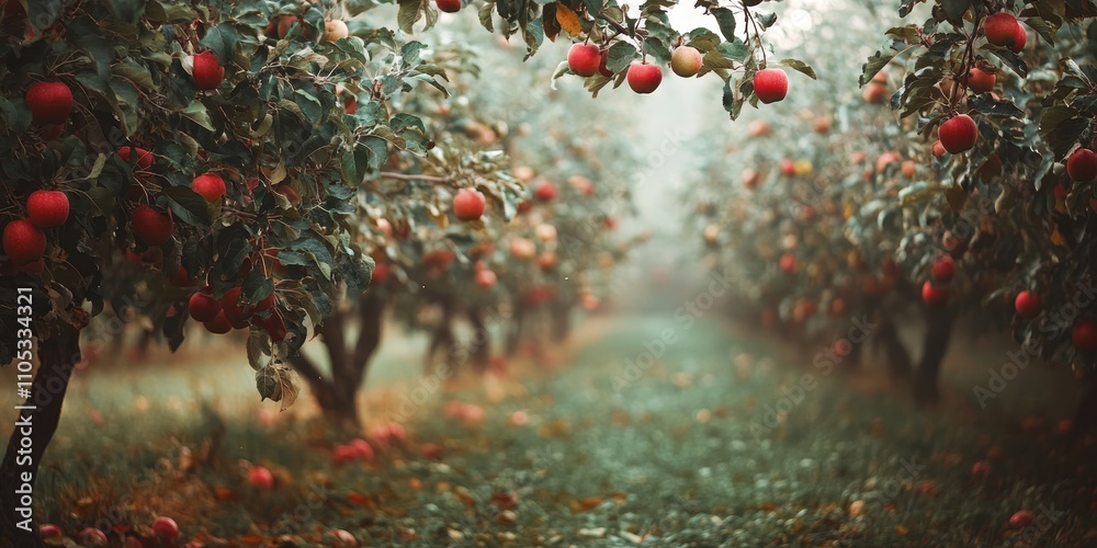 Poster low trees with delicious apples in an abundant orchard ready for apple harvesting, showcasing the be