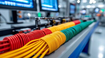 fiber optic installation concept. Colorful electrical cables arranged neatly on a workspace in a technology setting.