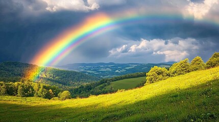 Naklejka premium Majestic Rainbow Over Stormy Valley Captured in Stunning Detail