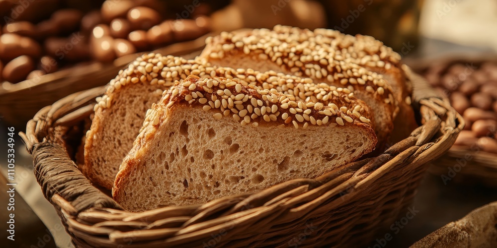 Poster Fresh slices of wheat bread topped with sesame and accompanied by beans, elegantly arranged in a basket, showcasing the delightful combination of wheat bread, sesame, and beans.