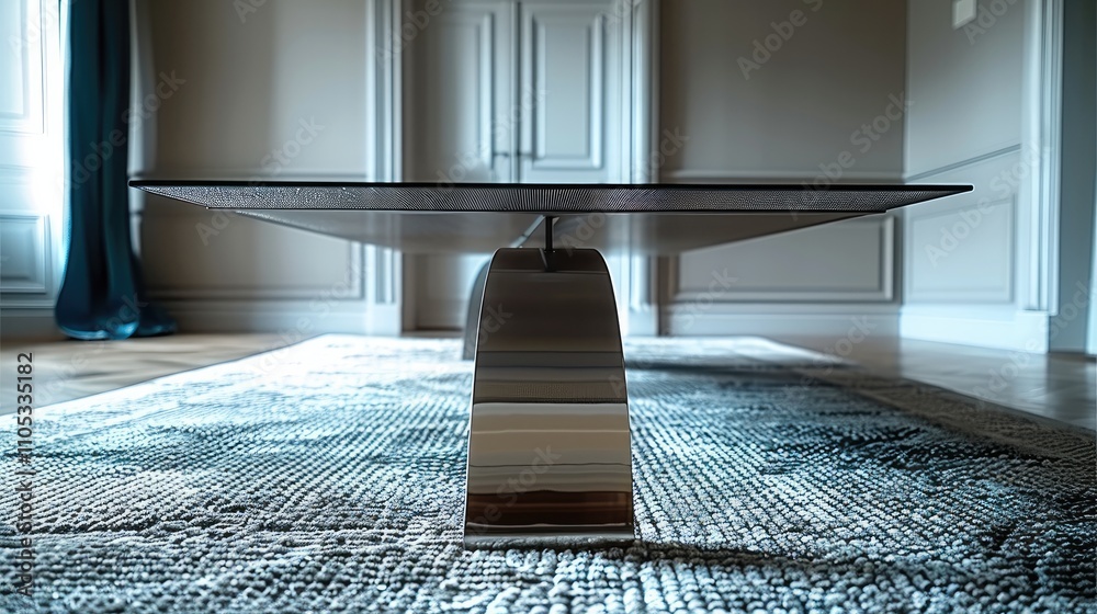 Poster a metal table with legs made of stainless steel and mesh is placed on the carpet in front of it. the