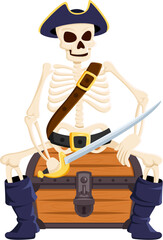 Cartoon skeleton pirate and corsair character sitting on treasure chest, sternly guarding his loot, adorned in a classic captain filibuster outfit with a cocked hat. Isolated vector Halloween skeleton