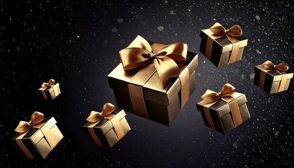 Small golden gift boxes decorated with golden bows drifting against a dark background with a soft snow effect