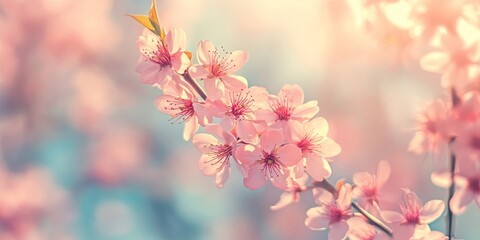 Stunning nature background featuring beautiful sakura pink flowers in spring, enhanced with a vintage retro color filter for a dreamy effect. Enjoy the beauty of sakura blossoms in this serene scene.